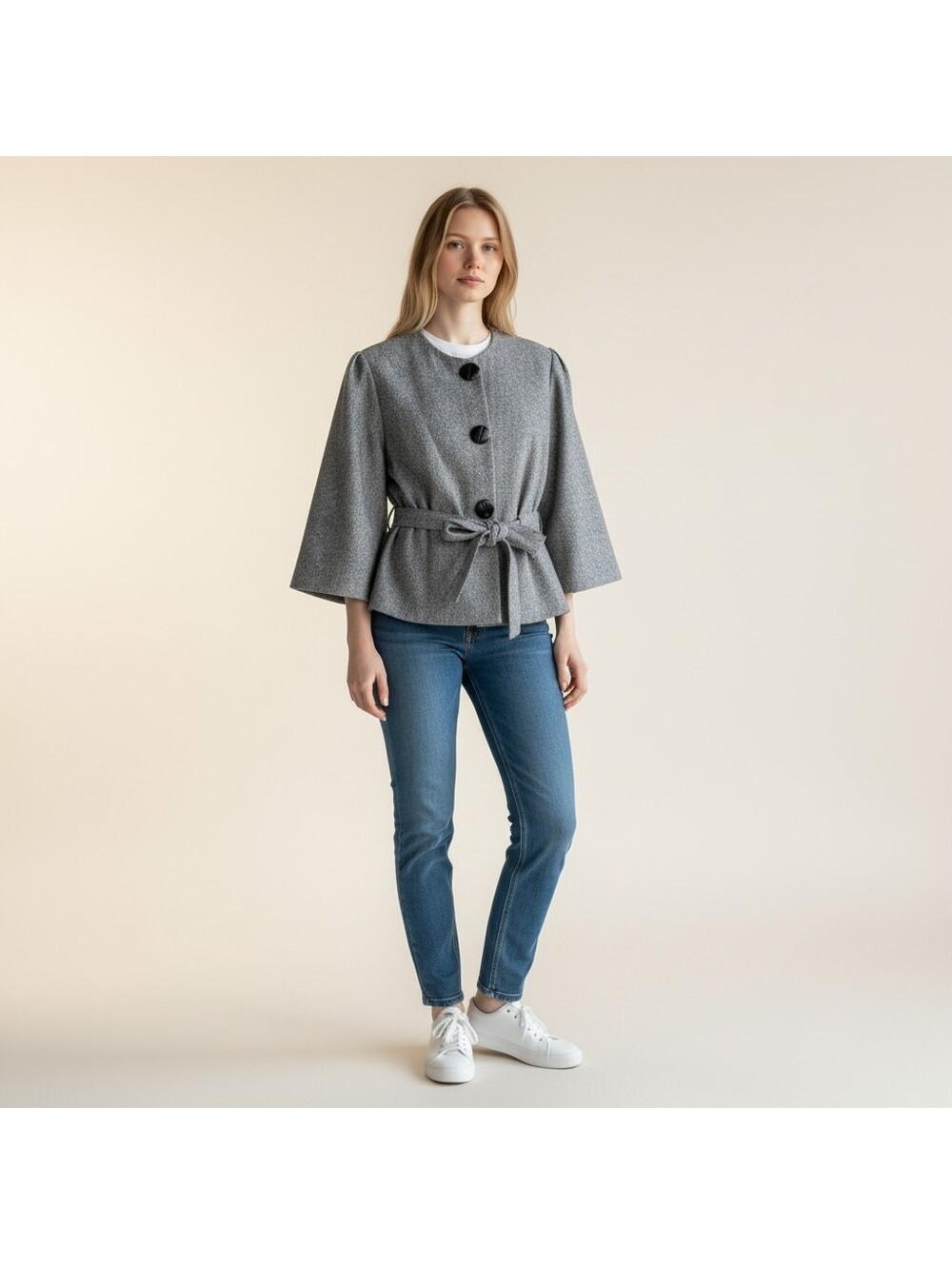 Larry Levine Jacket Women 14 Gray Button Belted 3/4 Sleeve Lined Pea Coat